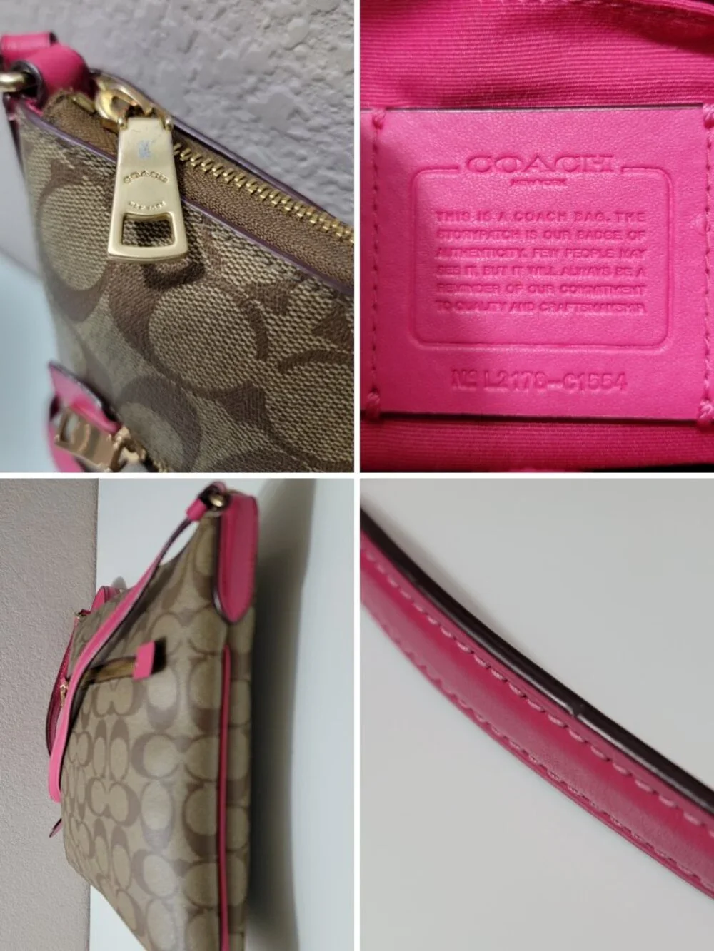 Coach Rowan File Bag Khaki Signature Canvas  Pink Leather Crossbody Messenger